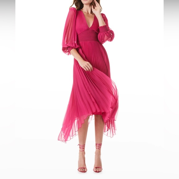 NWT Alice + Olivia Sion raspberry crinkle chiffon midi dress Size 8 - Picture 3 of 6